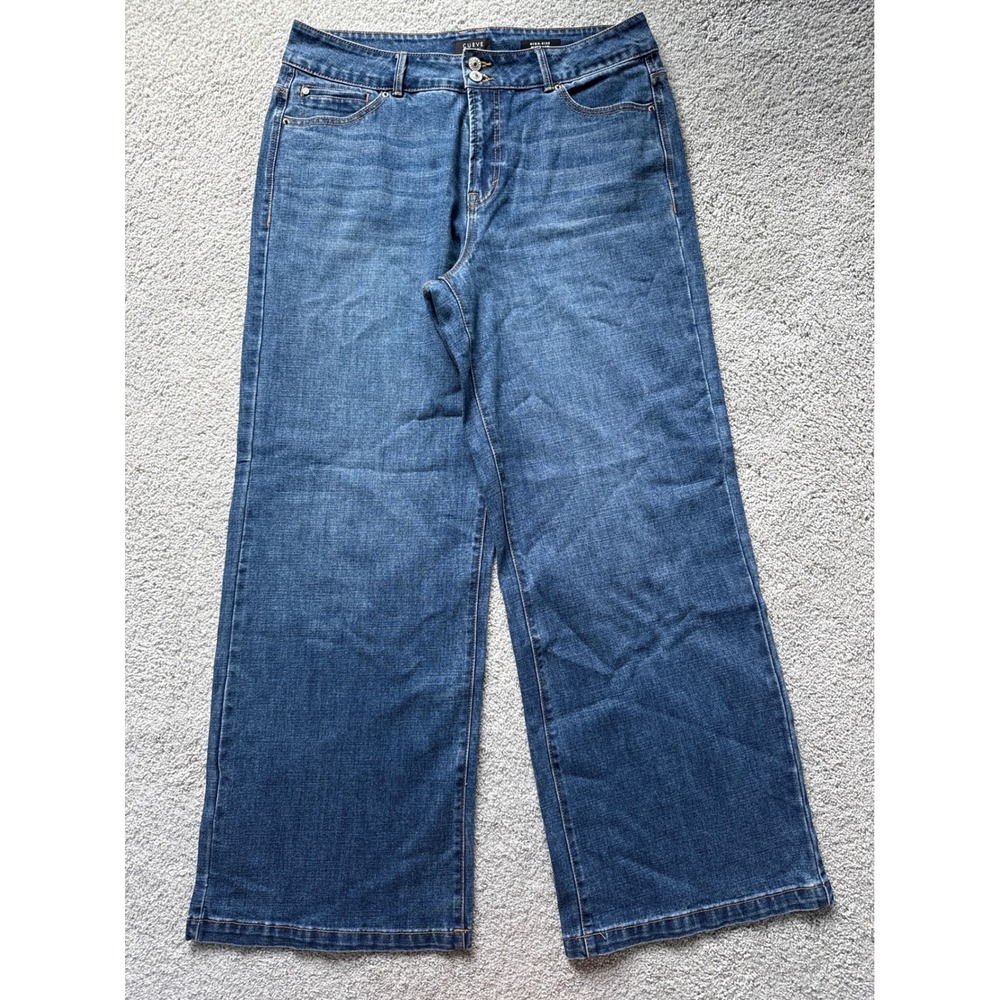 Curve Appeal High Rise Wide Leg Jeans Medium Wash Blue Denim 14/32 Double Button